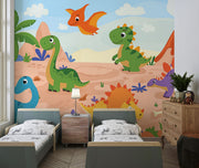 Playful cartoon dinosaur wall mural featuring friendly dinosaurs, a prehistoric landscape, volcanoes, and palm trees in bright, colorful tones for kid's rooms.