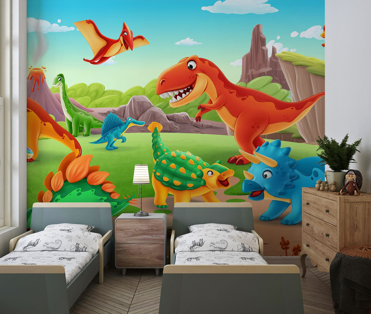Cartoon dinosaur wall mural featuring a roaring T-Rex, playful dinosaurs, and a bright prehistoric landscape, perfect for kid's bedrooms and playrooms