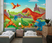Cartoon dinosaur wall mural featuring a roaring T-Rex, playful dinosaurs, and a bright prehistoric landscape, perfect for kid's bedrooms and playrooms