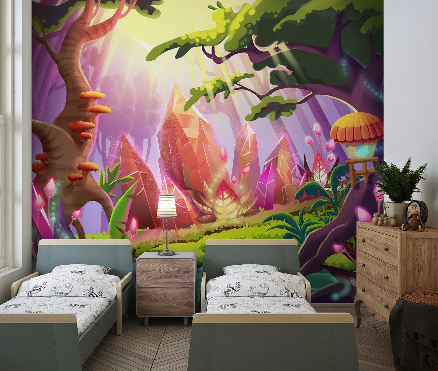 Enchanted forest wallpaper with vibrant colors, fairy-tale scenery, and a peaceful, whimsical ambiance. Ideal for kid's rooms, nurseries and creative spaces.