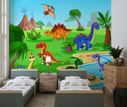 Bright and colorful dinosaur mural featuring friendly cartoon dinosaurs, volcanoes, and lush jungle scenery for a playful kids' room.