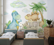 Cute dinosaur wall mural with watercolor-style dinosaurs, tropical plants, and soft pastel clouds, perfect for nurseries, kids' bedrooms, and playrooms.