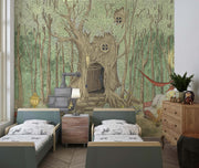 Enchanted forest treehouse wall mural featuring a whimsical woodland scene with rustic furniture, cozy decor, and fairy tale charm, perfect for a kids' room.