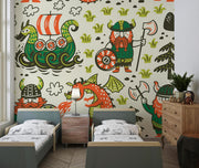 Illustrated Viking-themed wall mural featuring cartoon Vikings, dragons, Viking ships, and playful forest elements, perfect for kids' rooms, nurseries, or playroom décor.