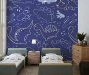 Navy blue dinosaur wall mural with outlined dinos, cacti, and doodles in a playful, modern style—perfect for kids' rooms.
