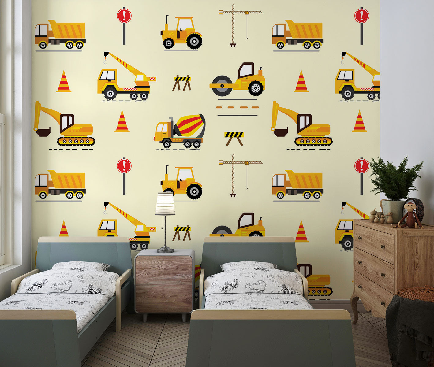 Excavators and dumpers wall mural featuring yellow trucks, cranes, diggers, and traffic cones on a light background, perfect for a boy's bedroom.