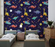 Space Dinosaurs Wall Mural featuring colorful astronaut dinosaurs, planets and stars; decorating kid's bedroom.
