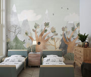 Fantasy Woodland Wall Mural with watercolor pine trees, oak branches, and misty mountains. Perfect nursery or children's room decor.