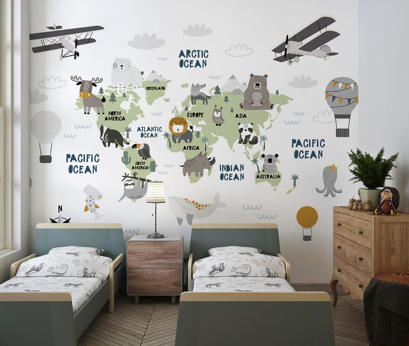 Scandinavian style children's world map wall mural with cute animals and airplanes, styled in a kid's bedroom.