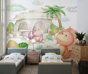 Watercolour little dinosaurs wall mural, perfect for decorating kids room or playroom.