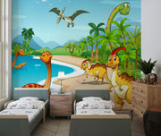 Colorful dinosaur adventure wall mural featuring friendly prehistoric dinosaurs, tropical landscapes, and a bright blue sky, perfect for kid's bedrooms and playrooms.