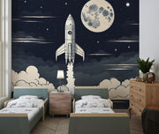 Cartoon Spaceship Wall Mural decorating kids bedroom.
