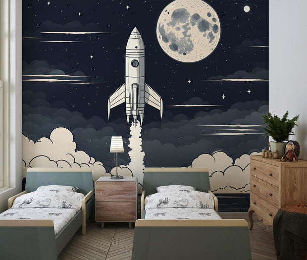 Cartoon Spaceship Wall Mural decorating kids bedroom.