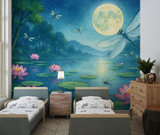 Enchanting moonlit lily pond wall mural with glowing fireflies, dragonflies, and pink water lilies in a magical forest setting