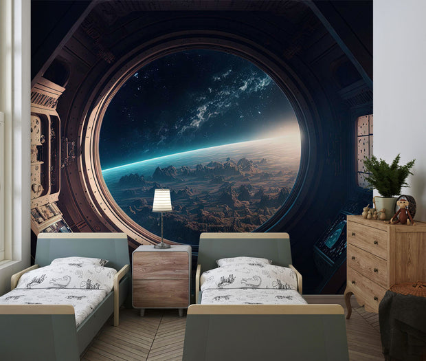 Spaceship Window Wallpaper Mural decorating a kids bedroom.