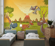 Colorful dinosaur wall mural with smiling dinosaurs, erupting volcanoes, and a sunny prehistoric landscape for kids' rooms and nurseries.