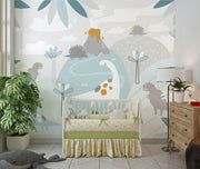 Pastel dinosaur wall mural with friendly dinosaurs, volcano, and soft greenery in muted colors, ideal for decorating nurseries, playrooms, and kids’ bedrooms.