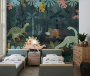 Dark jungle dinosaur wall mural featuring whimsical dinosaurs, exotic plants, and a deep green forest setting, perfect for nurseries and kids’ rooms.