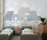 Scandinavian-style nursery wall mural featuring snowy mountains, foxes, rabbits, and a bear in soft pastel tones. Perfect for a cozy and modern kids’ room or baby nursery.