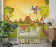Colorful dinosaur wall mural with smiling dinosaurs, erupting volcanoes, and a sunny prehistoric landscape for kids' rooms and nurseries.