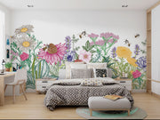 Wildflower Haven Wall Mural – Hand-Illustrated Floral Wallpaper with Vibrant Blooms and Bees