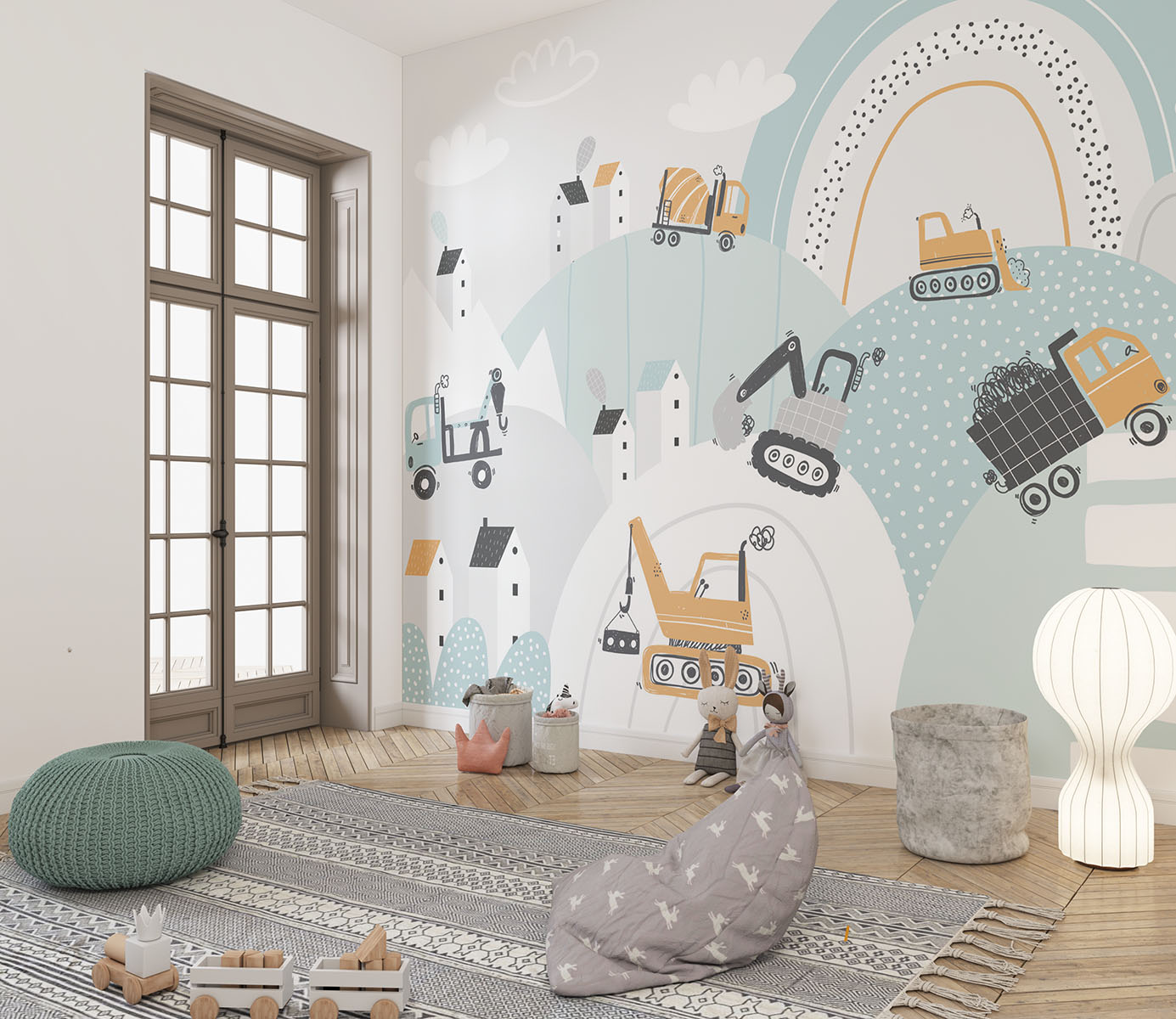 Construction site wall mural with trucks, diggers, and cranes in a pastel blue and orange theme, ideal for kids’ room decor.