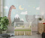 Cute safari wall mural with a giraffe, elephant, and dreamy night sky – perfect for nurseries and kids’ rooms.