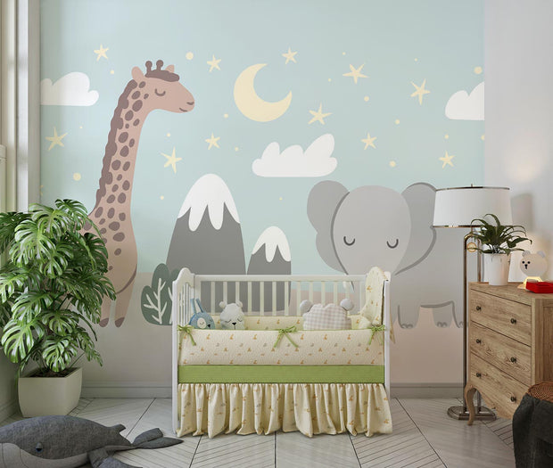 Cute safari wall mural with a giraffe, elephant, and dreamy night sky – perfect for nurseries and kids’ rooms.