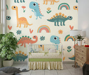 Playful dinosaur-themed wall mural with colorful cartoon dinosaurs, rainbows and flowers; decorating a cozy child’s bedroom.
