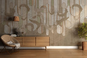 Earthy botanical line art wall mural featuring soft beige, sage green, taupe, and brown tones with intricate botanical swirls and geometric accents.