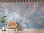 Ethereal large-scale poppy wall mural in soft blues and pinks, styled in a modern minimalist living room.