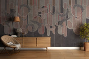 Dark botanical line art wall mural with charcoal grey, deep red, and taupe geometric elements, featuring intricate white botanical detailing.