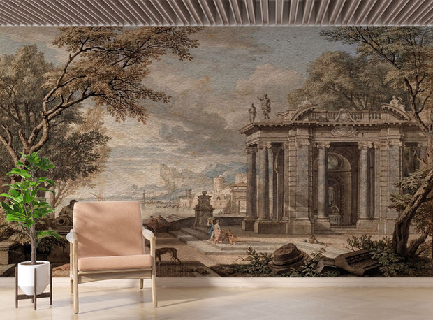 Italian landscape wall mural featuring Renaissance architecture and figures in sepia tones, styled in a modern minimalist room.