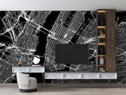 Black and white city map wall mural with detailed urban street layout, perfect for modern bedroom or office decor.