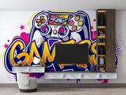Graffiti-style gaming wall mural with a colorful controller, vibrant gamer room wallpaper for gaming setups and streamers.