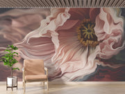 Dramatic macro flower wall mural featuring blush pink anemone with flowing petals, styled in minimalist room with beige chair.