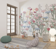 Botanical wall mural with colorful wildflowers in pastel and earthy tones, creating a fresh and inviting atmosphere.