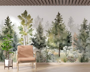 Watercolor forest wall mural with soft green pine trees and a misty effect, creating a peaceful and artistic woodland-inspired space.