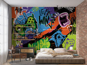 Graffiti-style gaming wall mural featuring bold graphics, colorful game controllers, energetic text like "Level Win" and "Fun," perfect for a modern game room.
