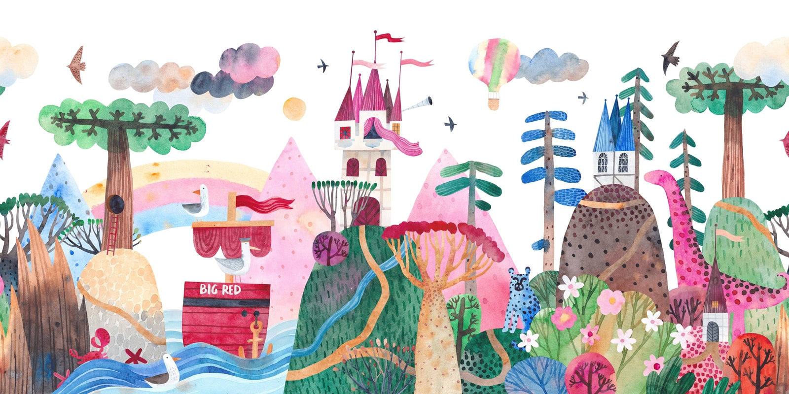 Colorful illustration of a fantasy landscape with castles, trees, and animals.