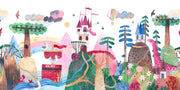 Colorful illustration of a fantasy landscape with castles, trees, and animals.