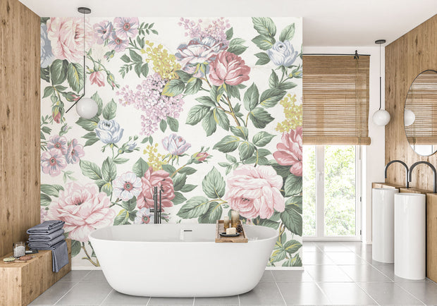 Elegant vintage floral wall mural with pink roses, lilacs, and greenery behind decorating a bathroom.