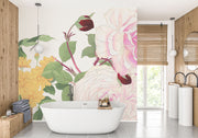 Wall mural with vintage-style pink and white roses, yellow chrysanthemums, and green foliage decorating a bathroom.