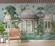 Grand architectural wall mural featuring classical domes, ornate columns, and lush botanical greenery, styled in an elegant modern interior.