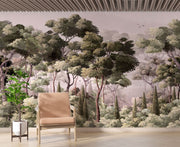 Serene Woodland Wall Mural depicting a lush forest with misty trees in soft green tones, perfect for creating a tranquil bedroom atmosphere.