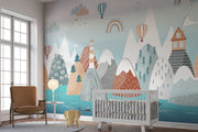 Scandinavian-style mountains wall mural with hot air balloons, rainbows, and cozy landscapes in soft earthy tones – perfect for kids' rooms and nurseries.