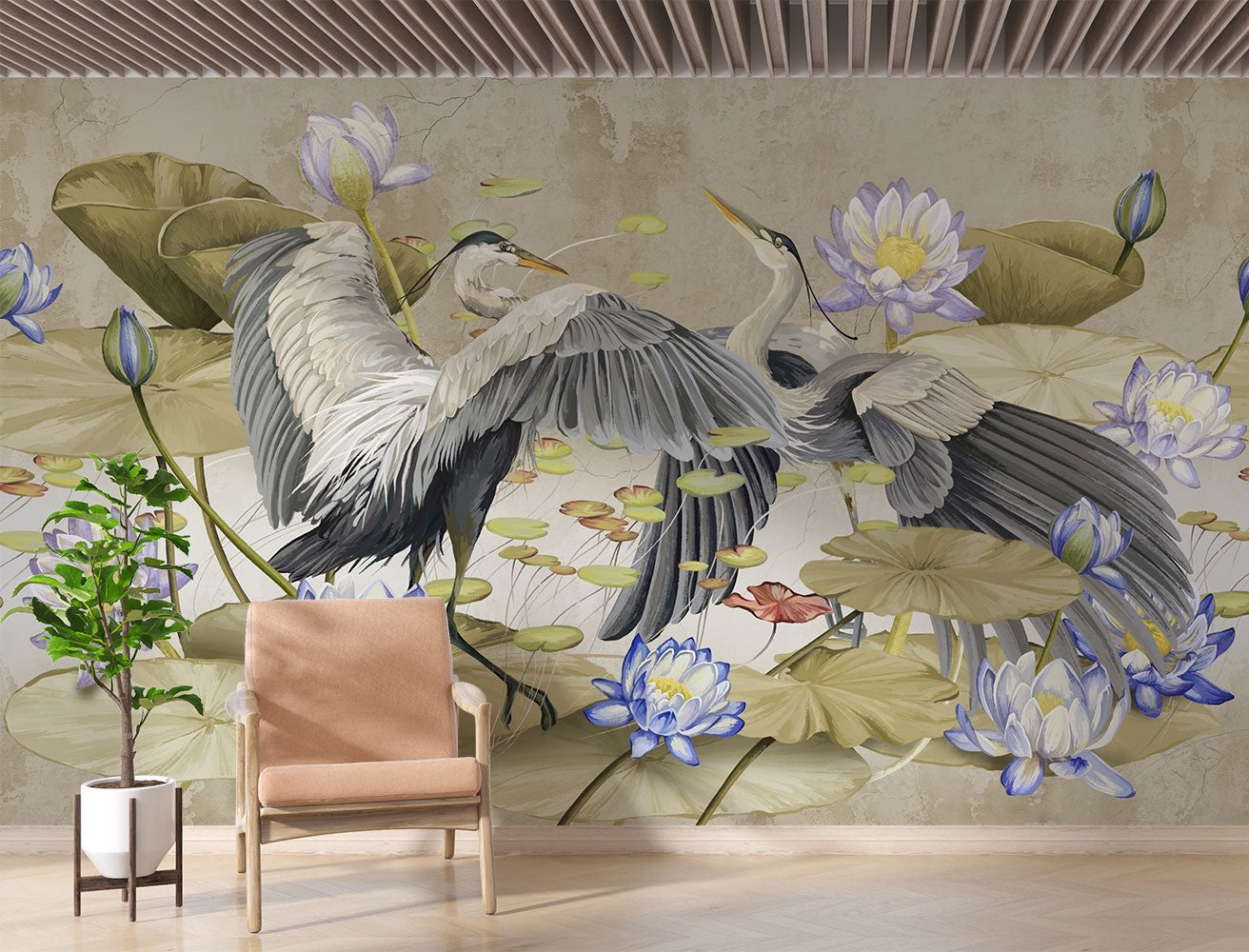 A sophisticated living room featuring an Elegant Heron & Lotus Pond Wall Mural with elegant birds in mid-flight, soft-toned lotus flowers, and floating lily pads. A neutral-coloured linen wooden armchair,  nature-inspired ambience.