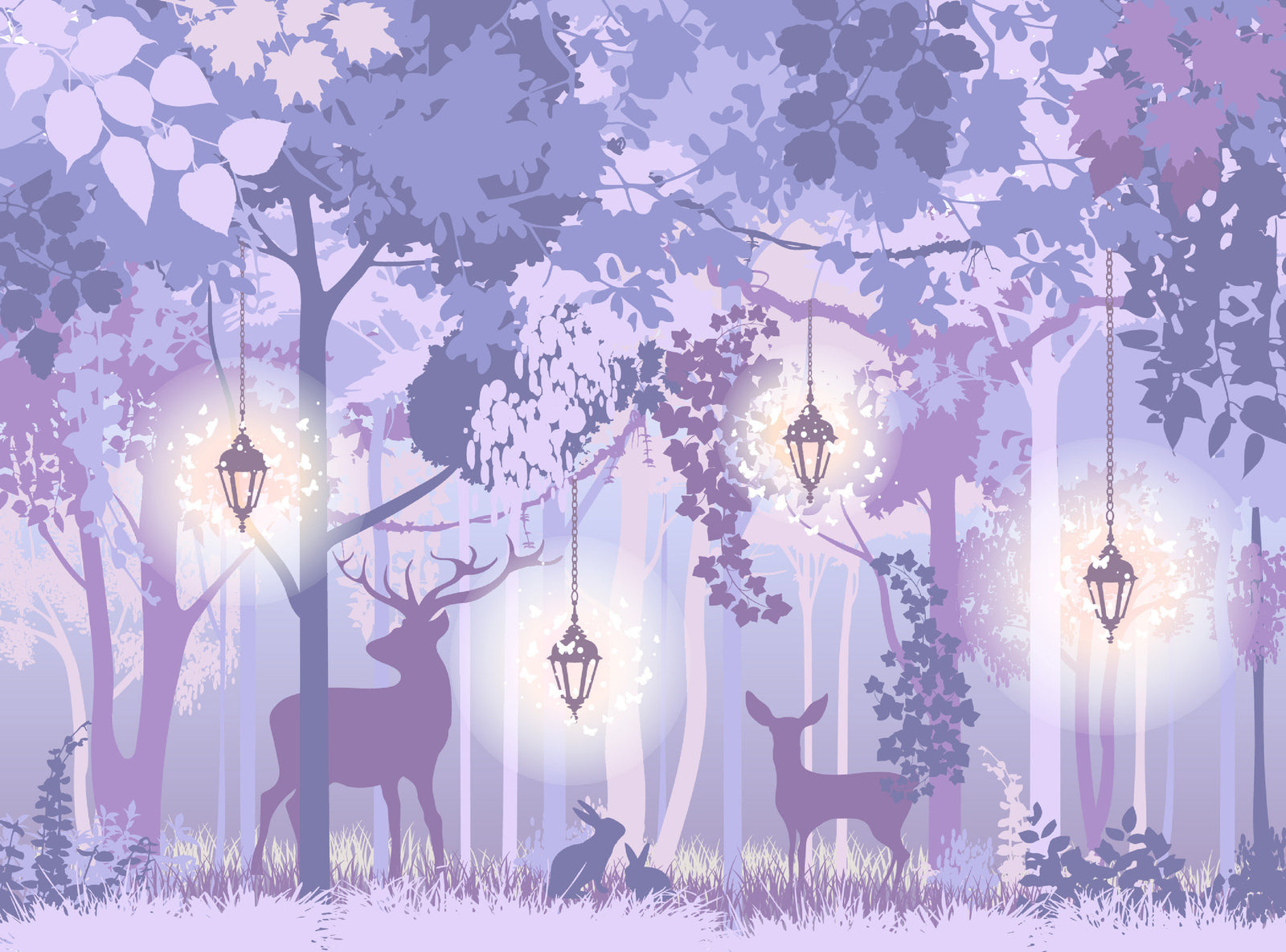 Enchanted forest wall mural with a mystical woodland scene, featuring a silhouetted deer, soft purple hues, glowing lanterns, and delicate foliage – ideal for kids’ rooms and elegant nature-inspired decor.