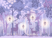 Enchanted forest wall mural with a mystical woodland scene, featuring a silhouetted deer, soft purple hues, glowing lanterns, and delicate foliage – ideal for kids’ rooms and elegant nature-inspired decor.