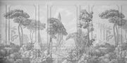 Grand Chateau Wall Mural featuring a grayscale European landscape with architectural details, trees, and a timeless, elegant aesthetic
